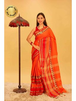 Isadora Life - Womens Woven Tassels Orange Pre-Draped Saree With Unstitched Blouse