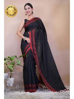 Isadora Life - Womens Solid Tassels Black Pre-Draped Saree With Unstitched Blouse