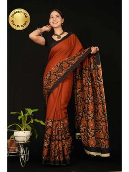 Isadora Life - Womens Floral Printed Rust Pre-Draped Saree With Unstitched Blouse