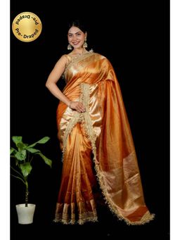 Isadora Life - Womens Woven Lace Work Orange Pre-Draped Saree With Unstitched Blouse