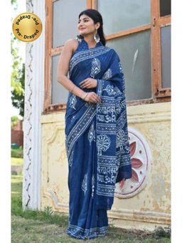 Isadora Life - Womens Hand Block Printed Blue Pre-Draped Saree With Unstitched Blouse