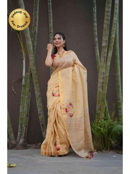 Isadora Life - Womens Embroidered Sequined Beige Pre-Draped Saree With Unstitched Blouse