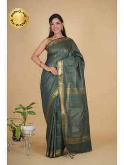 Isadora Life - Womens Checks Zari Green Pre-Draped Saree With Unstitched Blouse