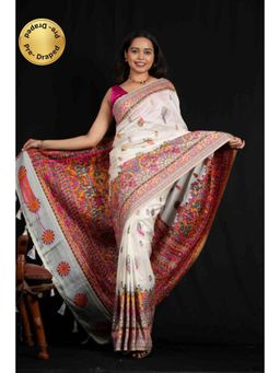 Isadora Life - Womens Printed Tassels White Pre-Draped Saree With Unstitched Blouse
