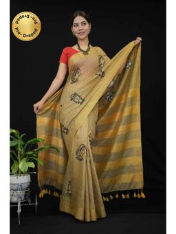 Isadora Life - Womens Embroidered Tassels Beige Pre-Draped Saree With Unstitched Blouse