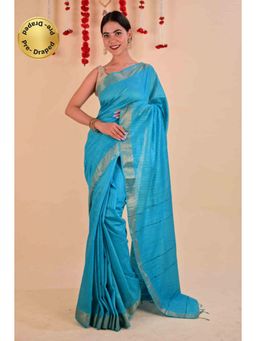 Isadora Life - Womens Stripes Zari Blue Pre-Draped Saree With Unstitched Blouse