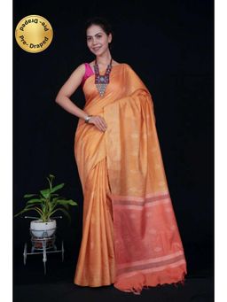 Isadora Life - Womens Woven Tassels Orange Pre-Draped Saree With Unstitched Blouse