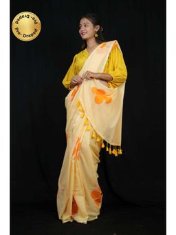 Isadora Life - Womens Floral Printed Yellow Pre-Draped Saree With Unstitched Blouse