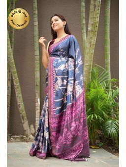 Isadora Life - Womens Floral Printed Navy Blue Pre-Draped Saree With Unstitched Blouse