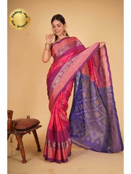 Isadora Life - Womens Woven Ikat Pink Pre-Draped Saree With Unstitched Blouse