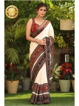 Isadora Life - Womens Printed Off White Pre-Draped Saree With Unstitched Blouse