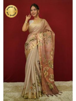 Isadora Life - Womens Floral Tassels Beige Pre-Draped Saree With Unstitched Blouse