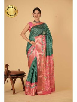 Isadora Life - Womens Printed Green Pre-Draped Saree With Unstitched Blouse