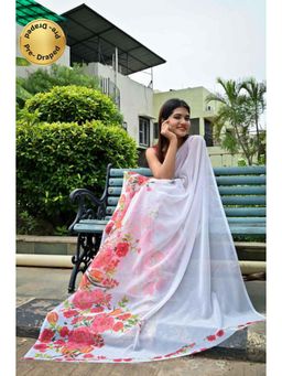 Isadora Life - Womens Floral Printed White Pre-Draped Saree With Unstitched Blouse