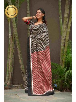 Isadora Life - Womens Printed Black Pre-Draped Saree With Unstitched Blouse