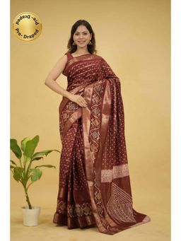 Isadora Life - Womens Bandhani Printed Maroon Pre-Draped Saree With Unstitched Blouse