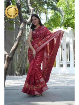 Isadora Life - Womens Bandhani Printed Red Pre-Draped Saree With Unstitched Blouse