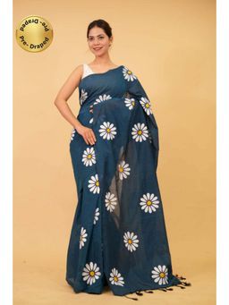 Isadora Life - Womens Floral Tassels Teal Pre-Draped Saree With Unstitched Blouse