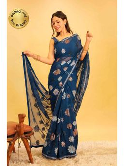 Isadora Life - Womens Floral Sequined Blue Pre-Draped Saree With Unstitched Blouse