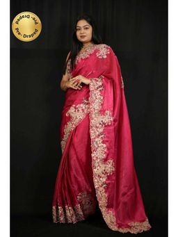 Isadora Life - Womens Embroidered Zari Pink Pre-Draped Saree With Unstitched Blouse