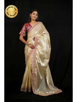 Isadora Life - Womens Embroidered Sequined Ivory Pre-Draped Saree With Unstitched Blouse