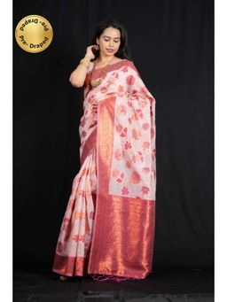 Isadora Life - Womens Floral Zari Pink Pre-Draped Saree With Unstitched Blouse