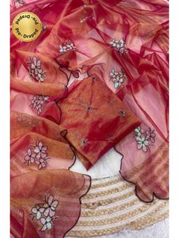 Isadora Life - Womens Embroidered Sequined Rust Pre-Draped Saree With Unstitched Blouse