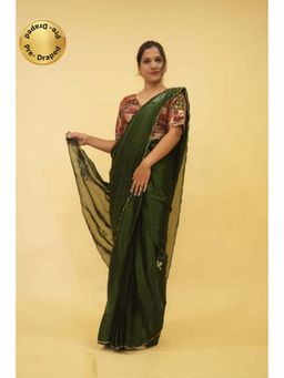 Isadora Life - Womens Embroidered Sequined Green Pre-Draped Saree With Unstitched Blouse