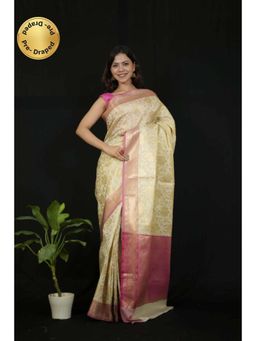 Isadora Life - Womens Woven Zari Ivory Pre-Draped Saree With Unstitched Blouse