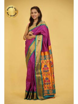 Isadora Life - Womens Woven Zari Purple Pre-Draped Saree With Unstitched Blouse