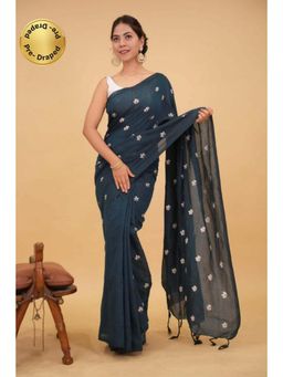Isadora Life - Womens Embroidered Tassels Teal Pre-Draped Saree With Unstitched Blouse