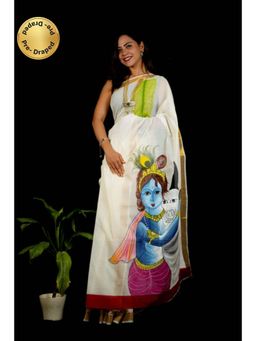 Isadora Life - Womens Zari Printed White Pre-Draped Saree With Unstitched Blouse