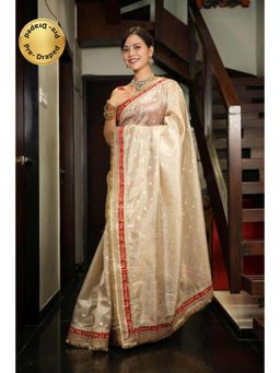 Isadora Life - Womens Woven Zari Beige Pre-Draped Saree With Unstitched Blouse