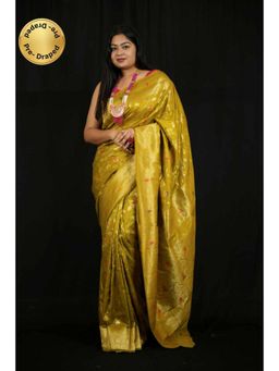 Isadora Life - Womens Woven Zari Gold Pre-Draped Saree With Unstitched Blouse