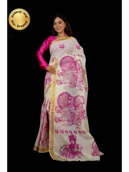 Isadora Life - Womens Printed White Pre-Draped Saree With Unstitched Blouse