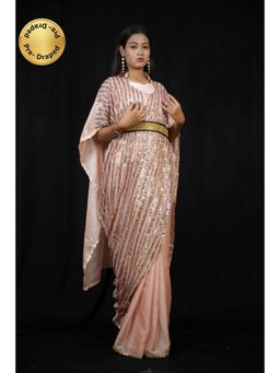 Isadora Life - Womens Sequined Peach Pre-Draped Saree With Unstitched Blouse And Belt