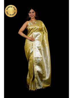 Isadora Life - Womens Woven Zari Yellow Pre-Draped Saree With Unstitched Blouse
