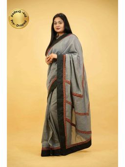 Isadora Life - Womens Printed Grey Pre-Draped Saree With Unstitched Blouse