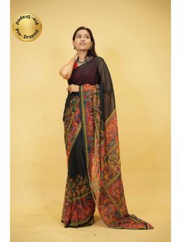 Isadora Life - Womens Printed Black Pre-Draped Saree With Unstitched Blouse