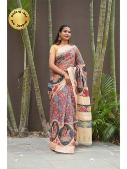 Isadora Life - Womens Printed Multi-Color Pre-Draped Saree With Unstitched Blouse