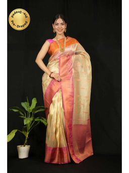 Isadora Life - Womens Woven Zari Beige Pre-Draped Saree With Unstitched Blouse