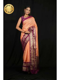 Isadora Life - Womens Woven Zari Orange Pre-Draped Saree With Unstitched Blouse