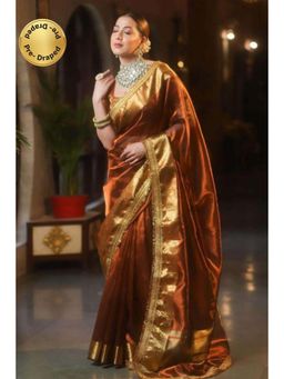 Isadora Life - Womens Woven Zari Brown Pre-Draped Saree With Unstitched Blouse