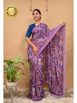 Isadora Life - Womens Printed Purple Pre-Draped Saree With Unstitched Blouse
