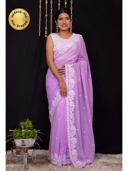 Isadora Life - Womens Embroidered Thread Work Lavender Pre-Draped Saree With Unstitched Blouse