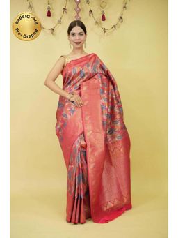 Isadora Life - Womens Floral Zari Pink Pre-Draped Saree With Unstitched Blouse