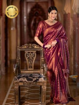 Isadora Life - Womens Woven Zari Maroon Pre-Draped Saree With Unstitched Blouse