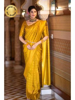 Isadora Life - Womens Woven Zari Yellow Pre-Draped Saree With Unstitched Blouse
