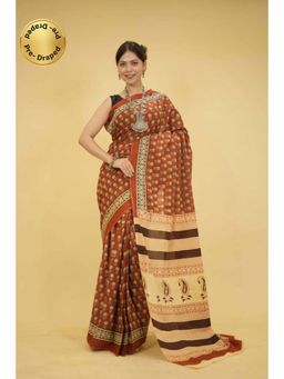 Isadora Life - Womens Floral Printed Brown Pre-Draped Saree With Unstitched Blouse