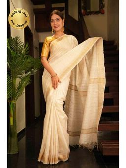 Isadora Life - Womens Checks Zari Ivory Pre-Draped Saree With Unstitched Blouse